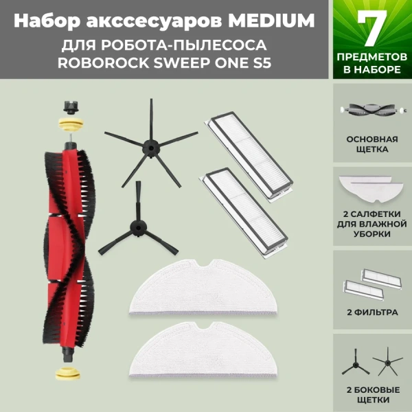Набор аксессуаров Medium для робота-пылесоса Roborock Sweep One S5, основная щетка с роликами, черные боковые щетки Набор аксессуаров Medium для робота-пылесоса Roborock Sweep One S5, основная щетка с роликами, черные боковые щетки