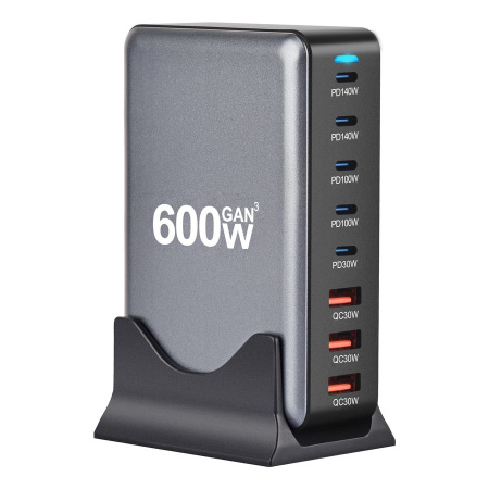 Настольное зарядное устройство - зарядная станция на 8 портов 600W USB-C / USB mod. 1006P200WB, быстрая зарядка, пластик, черный