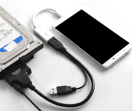 Адаптер - переходник - кабель SATA - 2x USB2.0 для жесткого диска SSD/HDD 2.5″/3.5″ с разъемом питания, черный