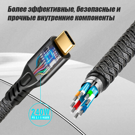 Кабель USB3.2 Type-C чип E-Marker, 4K 60Гц, PD 240W (48V/5A), 20 Гбит/с, экранирование, оплетка, 3 метра