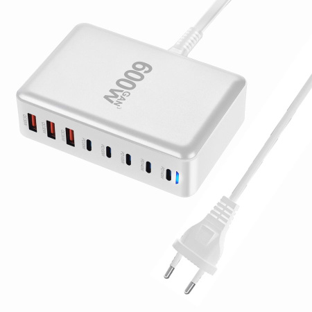 Настольное зарядное устройство - зарядная станция на 8 портов 600W USB-C / USB mod. 1006P200WW, быстрая зарядка, пластик, белый