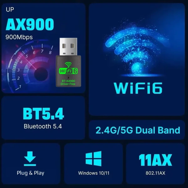 Адаптер WIFI 6 - беспроводной Wi-Fi-приемник + Bluetooth 5.4 USB2.0 (Free Driver), два диапазона - 2.4GHz (до 2700 Мбит/с) / 5.8GHz (до 600 Мбит/с) Адаптер WIFI 6 - беспроводной Wi-Fi-приемник + Bluetooth 5.4 USB2.0 (Free Driver), два диапазона - 2.4GHz (до 2700 Мбит/с) / 5.8GHz (до 600 Мбит/с)