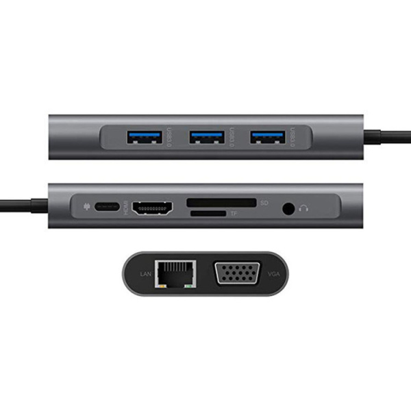 Адаптер - переходник - хаб 8in1 USB3.1 Type-C на HDMI - VGA - 3x USB3.0 - RJ45 (LAN) до 1000 Мбит/с - jack 3.5mm (AUX) - картридер SD, серый Адаптер - переходник - хаб 8in1 USB3.1 Type-C на HDMI - VGA - 3x USB3.0 - RJ45 (LAN) до 1000 Мбит/с - jack 3.5mm (AUX) - картридер SD, серый
