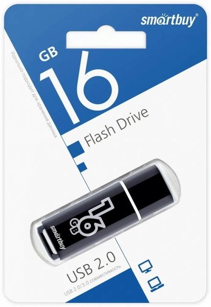 Флешка 16Gb Smart Buy Glossy series, USB 2.0, черный