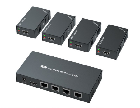 Разветвитель, сплиттер HDMI 1x4 FullHD 1080p до 60 метров - удлинитель сигнала по витой паре RJ45 UTP (LAN), ver.02, активный, комплект, черный