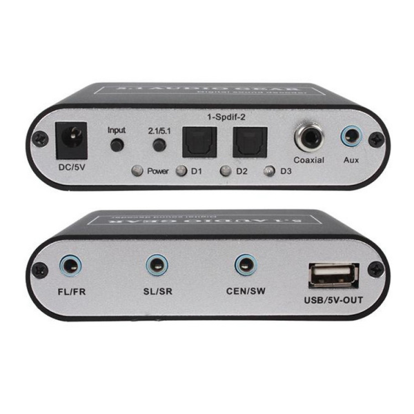 Адаптер - переходник, аудио-преобразователь для 2.1 / DTS 5.1 систем с оптики (Toslink/SPDIF) на 3x jack 3.5mm (AUX), черный Адаптер - переходник, аудио-преобразователь для 2.1 / DTS 5.1 систем с оптики (Toslink/SPDIF) на 3x jack 3.5mm (AUX), черный