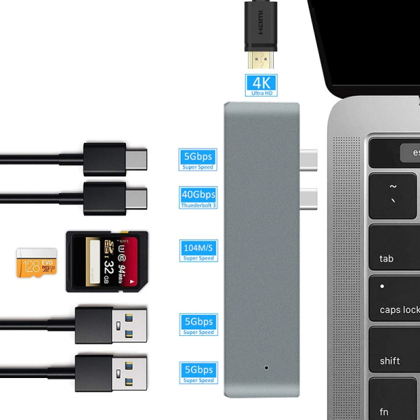 Адаптер - переходник - хаб 7in1 2x USB3.1 Type-C на HDMI - 2x USB3.0 - 2x USB3.1 Type-C - картридер TF/SD, серый Адаптер - переходник - хаб 7in1 2x USB3.1 Type-C на HDMI - 2x USB3.0 - 2x USB3.1 Type-C - картридер TF/SD, серый