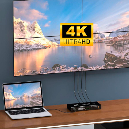 Контроллер видеостены HDMI 4K UltraHD на 4 экрана 2x2, RS232, SPDIF/Toslink, jack 3.5мм (AUX), пульт ДУ