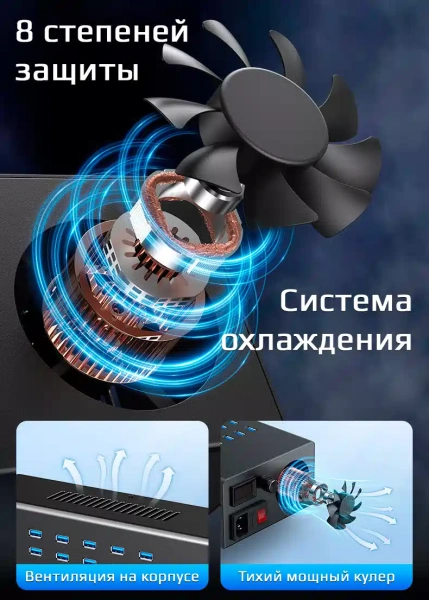 Зарядная станция на 40 USB портов mod. 1040P400WB, 5V2A/400W, активное охлаждение Зарядная станция на 40 USB портов mod. 1040P400WB, 5V2A/400W, активное охлаждение