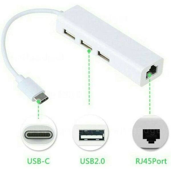 Адаптер - переходник - хаб USB3.1 Type-C на 3x USB2.0 - RJ45 (LAN) до 100 Мбит/с, белый Адаптер - переходник - хаб USB3.1 Type-C на 3x USB2.0 - RJ45 (LAN) до 100 Мбит/с, белый
