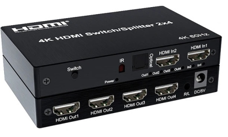 Матричный коммутатор - свитч-сплиттер 2×4 HDMI PRO, 4K 60HZ, оптика (Toslink/SPDIF), jack 3.5mm (AUX), пульт, черный