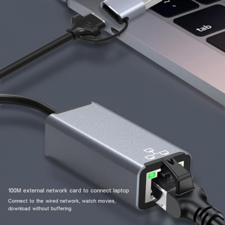 Адаптер - переходник USB Type-C / USB Type-A - RJ45 (LAN) до 100 Мбит/с, серый