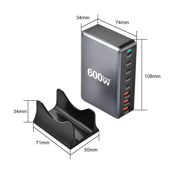 Настольное зарядное устройство - зарядная станция на 8 портов 600W USB-C / USB mod. 1006P200WB, быстрая зарядка, пластик Настольное зарядное устройство - зарядная станция на 8 портов 600W USB-C / USB mod. 1006P200WB, быстрая зарядка, пластик