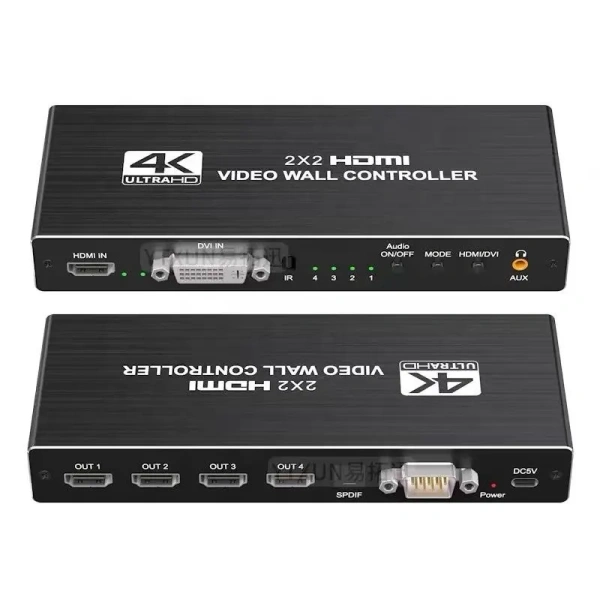 Контроллер видеостены HDMI 4K UltraHD на 4 экрана 2x2, RS232, SPDIF/Toslink, jack 3.5мм (AUX), пульт ДУ