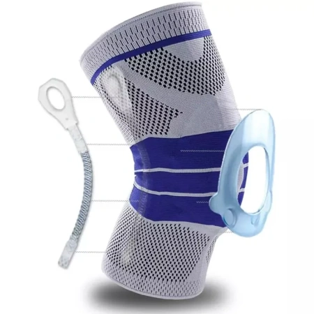 Фиксатор коленного сустава с силиконовой вставкой и пружинной опорой - бандаж на колено - ортопедический эластичный наколенник - спортивная компрессионная нескользящая поддержка для колена, размер XL, серо-синий