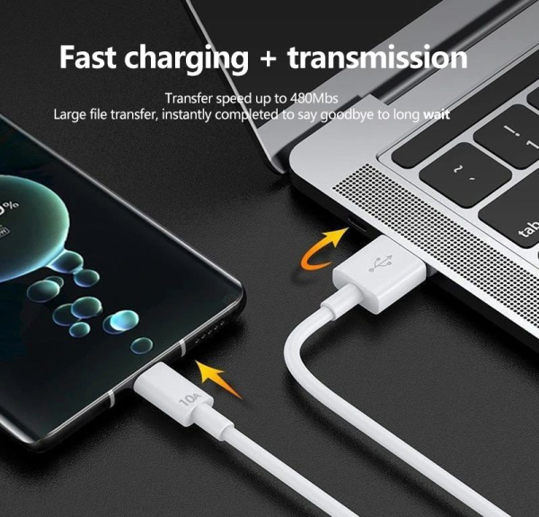 Зарядный USB дата-кабель Type-C для сверхбыстрой зарядки, 10A, 1 метр, белый Зарядный USB дата-кабель Type-C для сверхбыстрой зарядки, 10A, 1 метр, белый