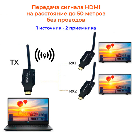 Удлинитель сигнала HDMI по Wi-Fi до 50 метров, активный, FullHD 1080p, комплект 1 передатчик + 2 приемника, черный