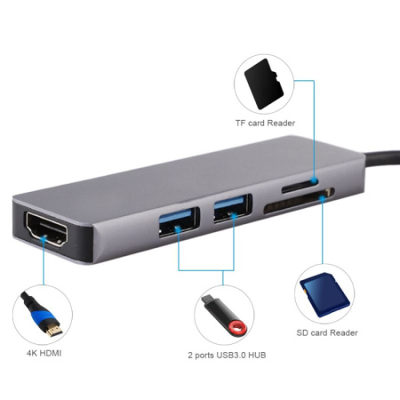 Адаптер - переходник - хаб 5in1 USB3.1 Type-C на HDMI - 2x USB3.0 - картридер TF/SD, серый