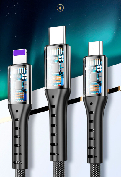 Универсальный зарядный кабель 3-в-1 USB Type-C - Lightning - MicroUSB, 5А, 1.2 метра, черный Универсальный зарядный кабель 3-в-1 USB Type-C - Lightning - MicroUSB, 5А, 1.2 метра, черный