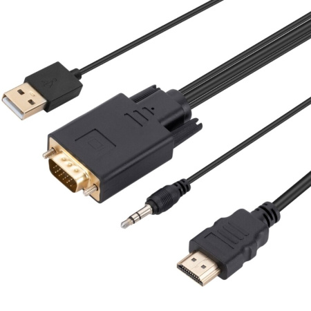 Кабель HDMI - VGA - jack 3.5mm (AUX) - USB, FullHD 1080p, 1,8 метра, черный