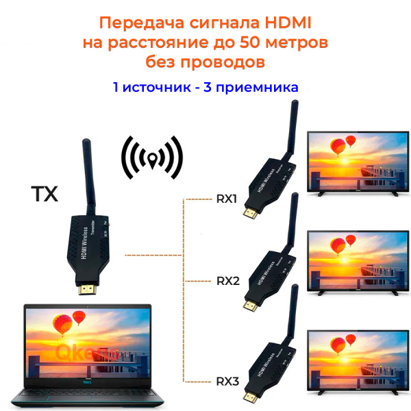 Удлинитель сигнала HDMI по Wi-Fi до 50 метров, активный, FullHD 1080p, комплект 1 передатчик + 3 приемника, черный Удлинитель сигнала HDMI по Wi-Fi до 50 метров, активный, FullHD 1080p, комплект 1 передатчик + 3 приемника, черный