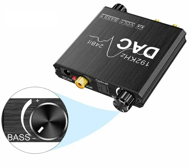 Адаптер - переходник, аудио-преобразователь с оптики (Toslink/SPDIF) на jack 3.5mm (AUX) ver.02 PREMIUM, RCA, регулятор звука и баса, черный