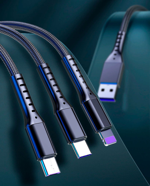 Универсальный зарядный кабель 3-в-1 USB Type-C - Lightning - MicroUSB, 5А, 1.2 метра, черный Универсальный зарядный кабель 3-в-1 USB Type-C - Lightning - MicroUSB, 5А, 1.2 метра, черный