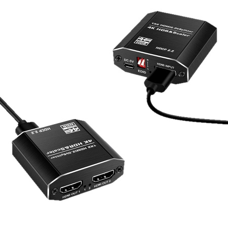 Сплиттер - разветвитель 1×2 HDMI 2.0b – 4K 60Гц, HDCP 2.2, HDR, Scaler (EDID), алюминий, черный