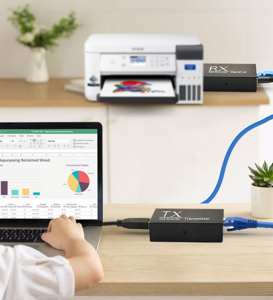 Адаптер - USB удлинитель по сетевому кабелю RJ45 до 200 метров для клавиатуры, мышки, камеры, принтера, комплект, черный Адаптер - USB удлинитель по сетевому кабелю RJ45 до 200 метров для клавиатуры, мышки, камеры, принтера, комплект, черный