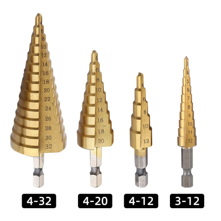 Набор ступенчатых сверл 3-12, 4-12, 4-20, 4-32 мм с титановым покрытием по металлу, 4 штуки, золотой
