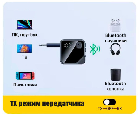 Аудио адаптер Hi-Fi JS13 приемник-передатчик (TX/RX) Bluetooth v5.4 - AUX 3.5мм, для дома и автомобиля, громкая связь (handsfree)