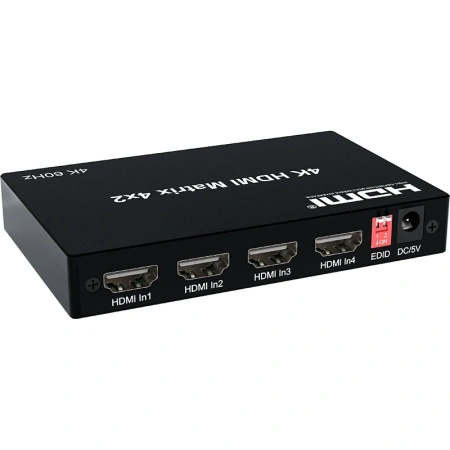 Матричный коммутатор - свитч-сплиттер 4×2 HDMI PRO, 4K 60HZ, оптика (Toslink/SPDIF), jack 3.5mm (AUX), пульт, черный