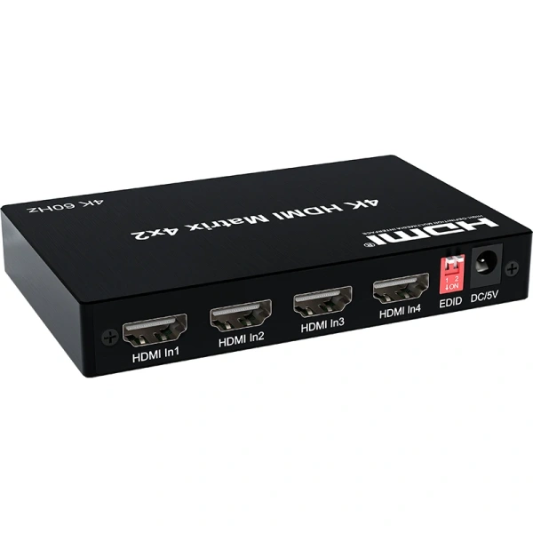 Матричный коммутатор - свитч-сплиттер 4×2 HDMI PRO, 4K 60HZ, оптика (Toslink/SPDIF), jack 3.5mm (AUX), пульт, черный