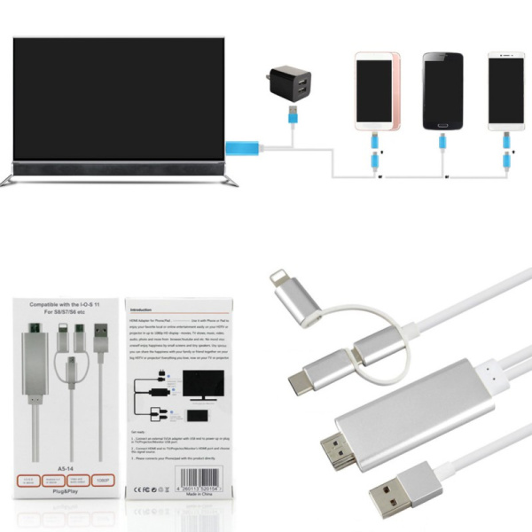 Кабель HDMI - MicroUSB - USB3.1 Type-C - Lightning для подключения смартфона к телевизору, 1,8 метра Кабель HDMI - MicroUSB - USB3.1 Type-C - Lightning для подключения смартфона к телевизору, 1,8 метра