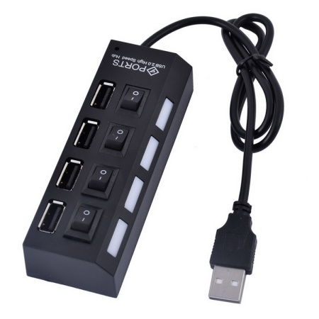 Хаб - концентратор USB2.0 - 4х USB2.0, вертикальный с кнопками, черный