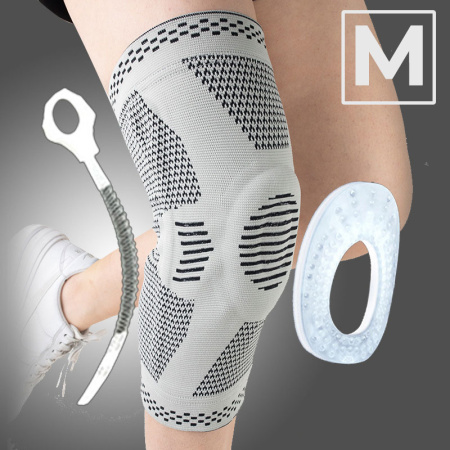 Фиксатор коленного сустава с силиконовой вставкой и пружинной опорой - бандаж на колено - ортопедический эластичный наколенник - спортивная компрессионная нескользящая поддержка для колена, размер M, серый