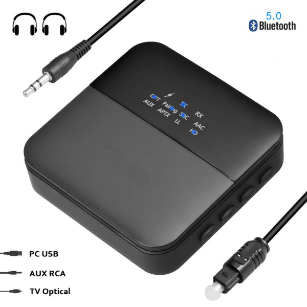 Универсальный аудио адаптер RX/TX Bluetooth v5.0 - оптика (Toslink/SPDIF) - jack 3.5mm (AUX), черный Универсальный аудио адаптер RX/TX Bluetooth v5.0 - оптика (Toslink/SPDIF) - jack 3.5mm (AUX), черный