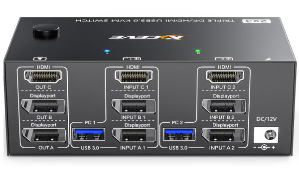 KVM-переключатель 2х3 HDMI/DisplayPort 8K USB3.0, для трех мониторов, черный