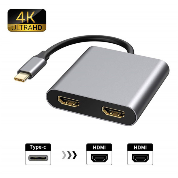 Адаптер - переходник USB3.1 Type-C - 2х HDMI - USB3.0 - USB3.1 Type-C, серый Адаптер - переходник USB3.1 Type-C - 2х HDMI - USB3.0 - USB3.1 Type-C, серый