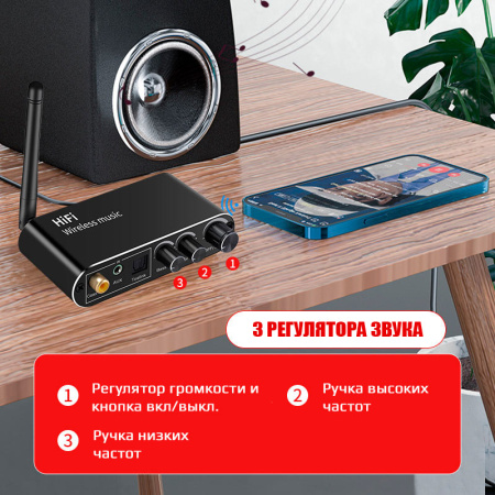 Аудио адаптер Hi-Fi T01 Bluetooth v5.1 приемник (RX) - оптика (Toslink/SPDIF) / AUX 3.5мм / USB, регулировка звука и тембра (treble/bass)