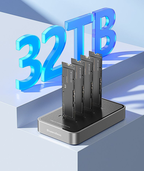 Док-станция для M.2 SSD DB2804SNA – 4 слота NVMe / SATA (NGFF), USB3.0 - USB3.2 Type-C, 10 Гбит/с, до 32 ТБ (8 ТБ x 4), алюминий