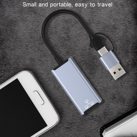 Адаптер - переходник USB Type-C / USB Type-A - RJ45 (LAN) до 100 Мбит/с, серый