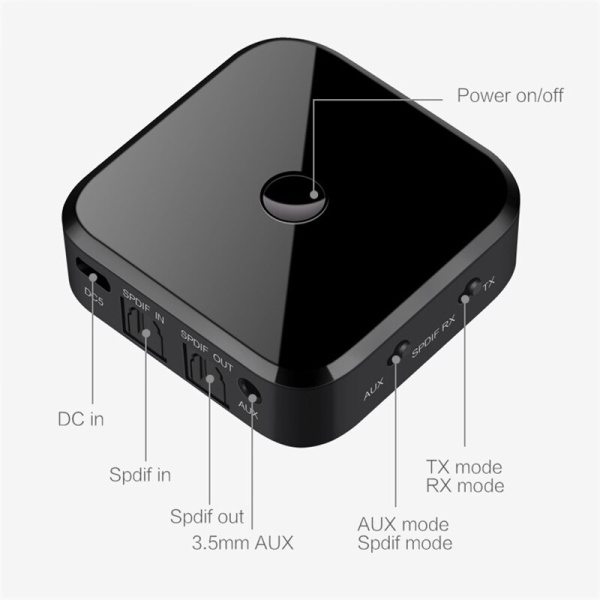 Универсальный аудио адаптер RX/TX Bluetooth v5.0 - оптика (Toslink/SPDIF) - jack 3.5mm (AUX), TX16, черный Универсальный аудио адаптер RX/TX Bluetooth v5.0 - оптика (Toslink/SPDIF) - jack 3.5mm (AUX), TX16, черный
