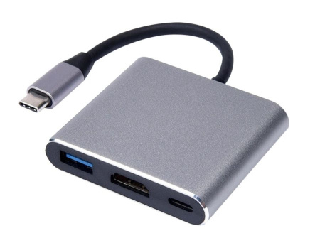 Адаптер - переходник - хаб USB3.1 Type-C на HDMI - USB3.1 Type-C - USB3.0, серый