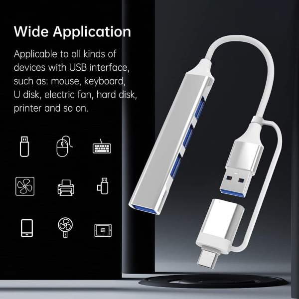 Адаптер - хаб USB3.1 Type-C/USB3.0 Type-A на USB3.0 - 3x USB2.0, серебро Адаптер - хаб USB3.1 Type-C/USB3.0 Type-A на USB3.0 - 3x USB2.0, серебро