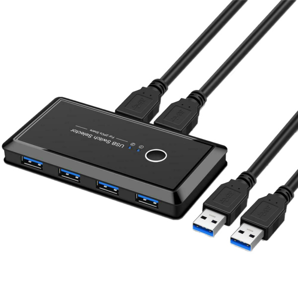 Адаптер - KVM переключатель - USB3.0 свитч 2×4 для подключения клавиатуры, мышки, принтера и сканера к двум ПК, черный Адаптер - KVM переключатель - USB3.0 свитч 2×4 для подключения клавиатуры, мышки, принтера и сканера к двум ПК, черный