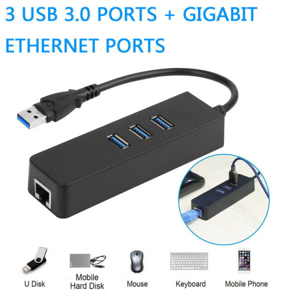 Адаптер - переходник - хаб USB3.0 - 3x USB3.0 - RJ45 (LAN) до 1000 Мбит/с, черный Адаптер - переходник - хаб USB3.0 - 3x USB3.0 - RJ45 (LAN) до 1000 Мбит/с, черный