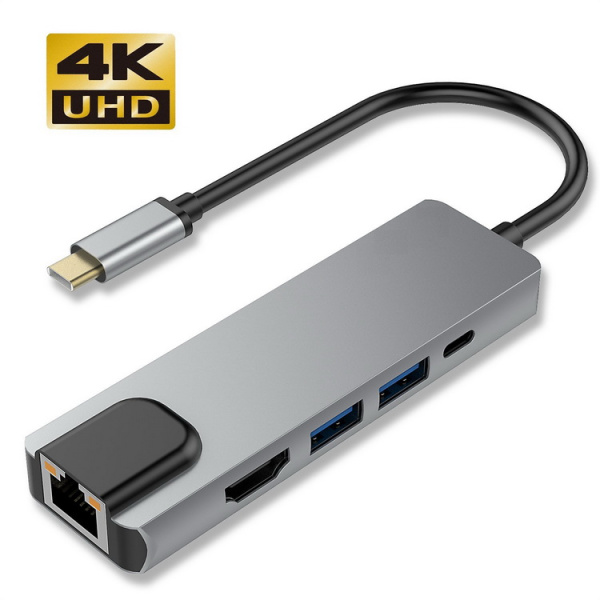 Адаптер - переходник - хаб 5in1 USB3.1 Type-C на HDMI - 2x USB3.0 - USB3.1 Type-C - RJ45 (LAN) до 100 Мбит/с, серый Адаптер - переходник - хаб 5in1 USB3.1 Type-C на HDMI - 2x USB3.0 - USB3.1 Type-C - RJ45 (LAN) до 100 Мбит/с, серый