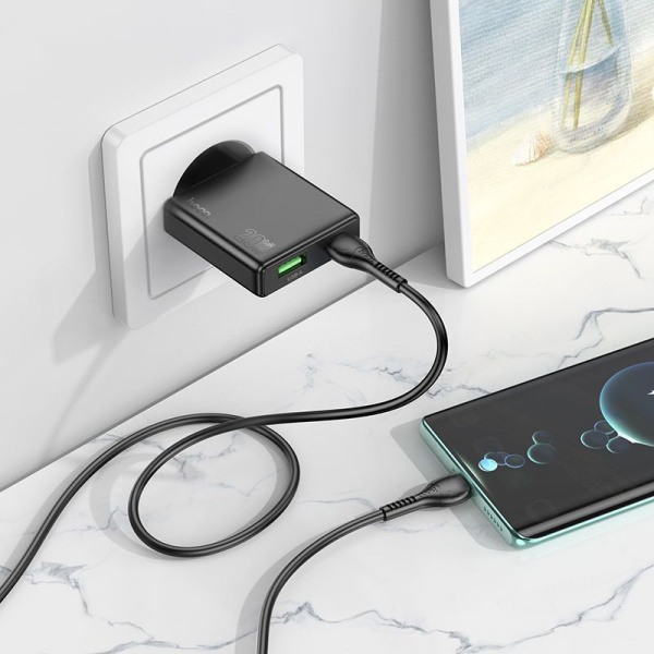Зарядное устройство сетевое - блок питания HOCO N38, USB Type-C PD20W + USB QC3.0, черный Зарядное устройство сетевое - блок питания HOCO N38, USB Type-C PD20W + USB QC3.0, черный