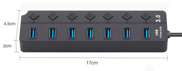 Хаб - концентратор USB3.0 - 7х USB3.0, MOD02 вертикальный с кнопками, активный, черный Хаб - концентратор USB3.0 - 7х USB3.0, MOD02 вертикальный с кнопками, активный, черный